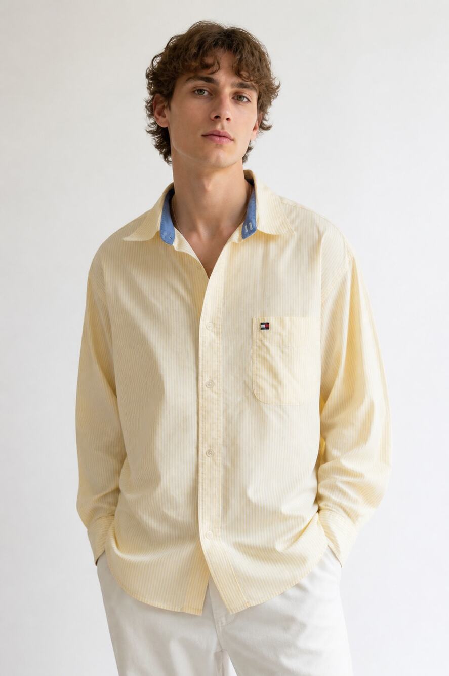 Tommy Hilfiger Men's Yellow White Stripe Cotton Button Front Shirt XL Vintage